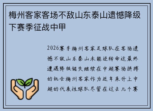 梅州客家客场不敌山东泰山遗憾降级下赛季征战中甲